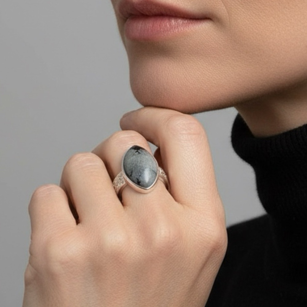 Studio Series Dendritic Agate Adjustable Silver Tone Ring